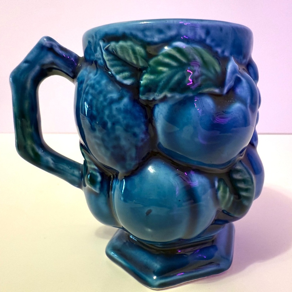 Vintage Inarco Japan “Mood Indigo” Fruit Relief Mugs – Set of 3 – Blue Glazed